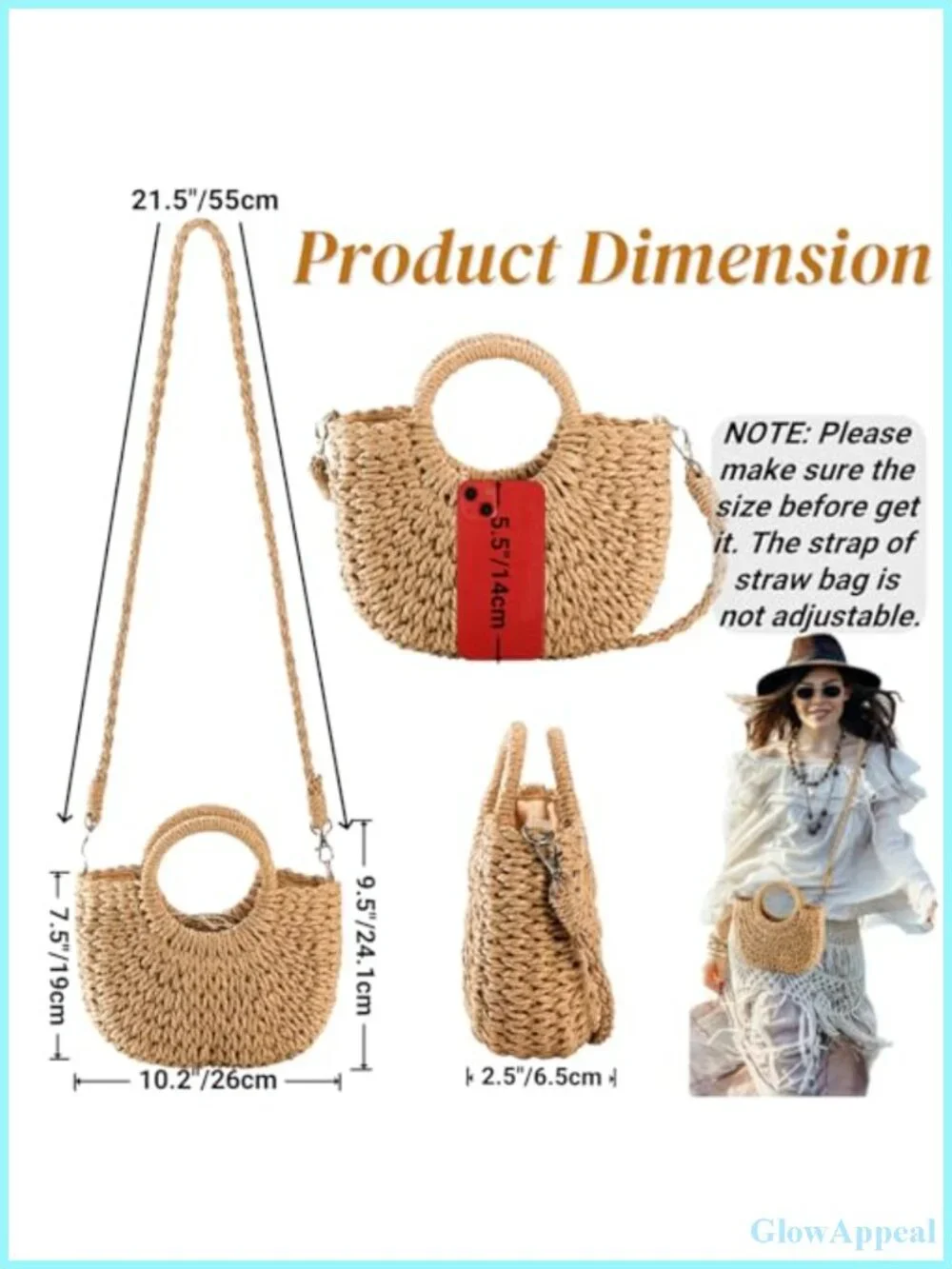 Boho Straw Handbag Semi-Circle Rattan Tote with Drawstring Closure